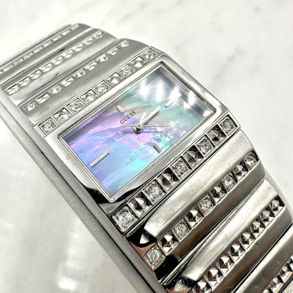 Guess Silver Tone Wide Bracelet Watch, Rainbow Pearl Dial, New Battery, 7”